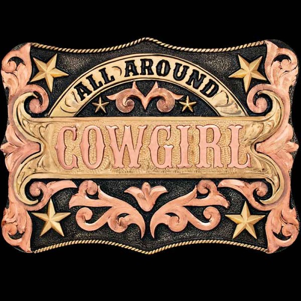 In Stock Kid's Cowgirl Buckle, Your Cowgirl's first buckle! Order this in-stock buckle and get same-day or next-day shipping! Built on a German Silver base with our signature antique